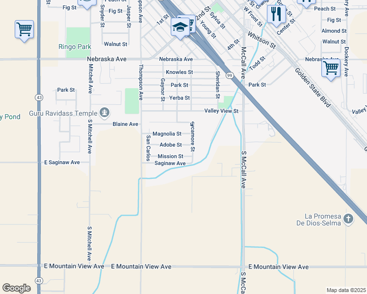 map of restaurants, bars, coffee shops, grocery stores, and more near 2221 Adobe Street in Selma