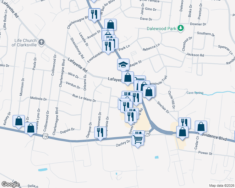 map of restaurants, bars, coffee shops, grocery stores, and more near 281 Fritz Circle in Clarksville