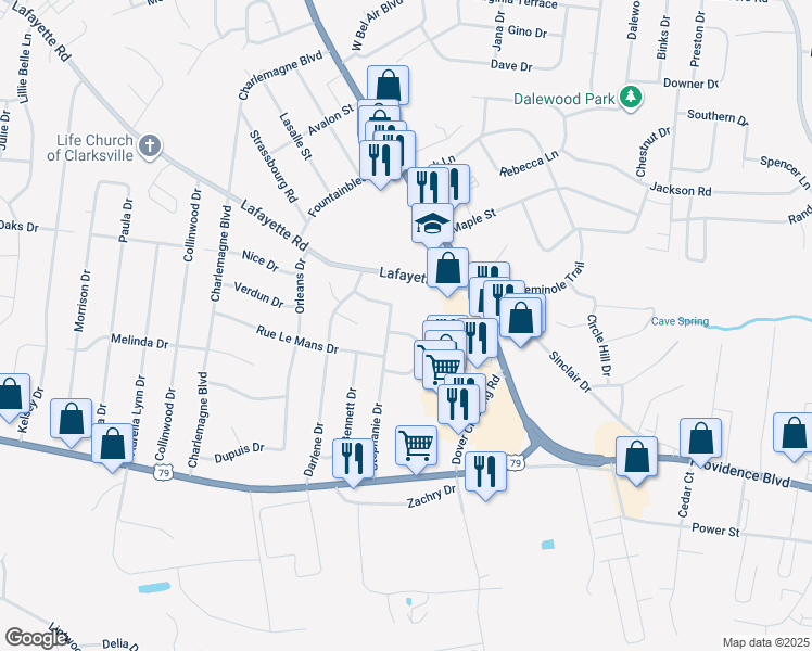 map of restaurants, bars, coffee shops, grocery stores, and more near 294 Fritz Circle in Clarksville