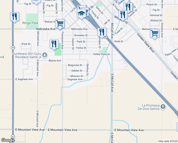 map of restaurants, bars, coffee shops, grocery stores, and more near 1608 Skelton Street in Selma