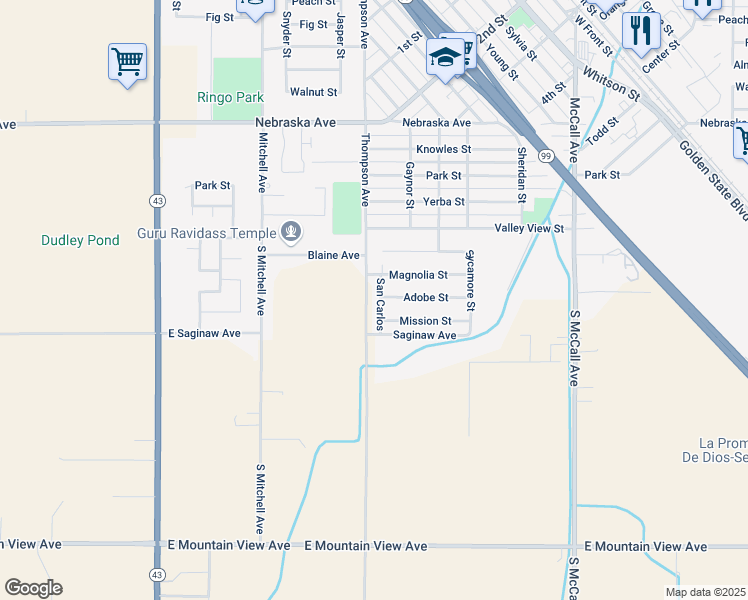 map of restaurants, bars, coffee shops, grocery stores, and more near 1609 San Carlos in Selma