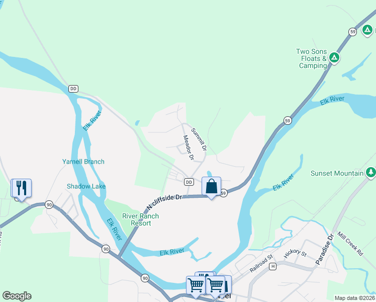 map of restaurants, bars, coffee shops, grocery stores, and more near Meador Drive in Noel