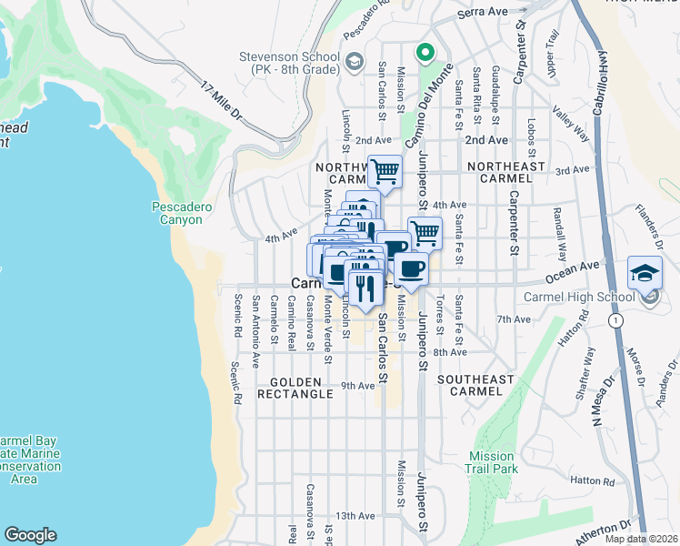 map of restaurants, bars, coffee shops, grocery stores, and more near Lincoln Street in Carmel-by-the-Sea