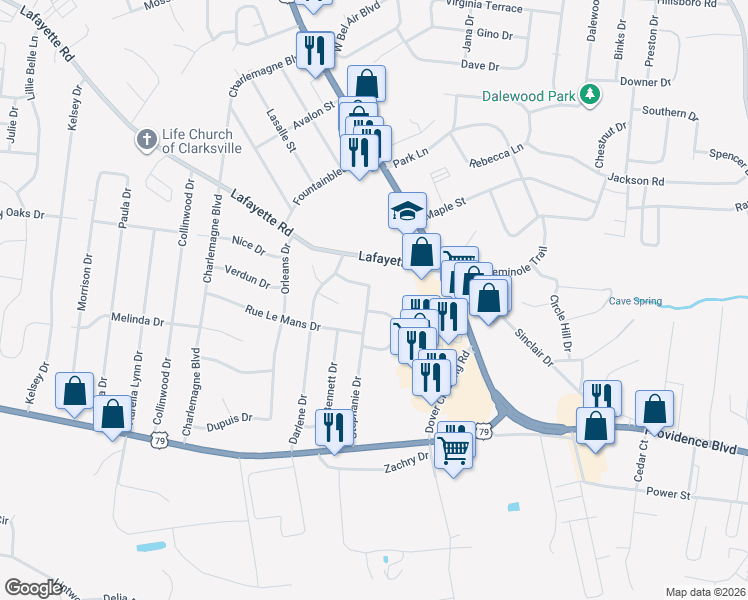 map of restaurants, bars, coffee shops, grocery stores, and more near 242 Stephanie Drive in Clarksville