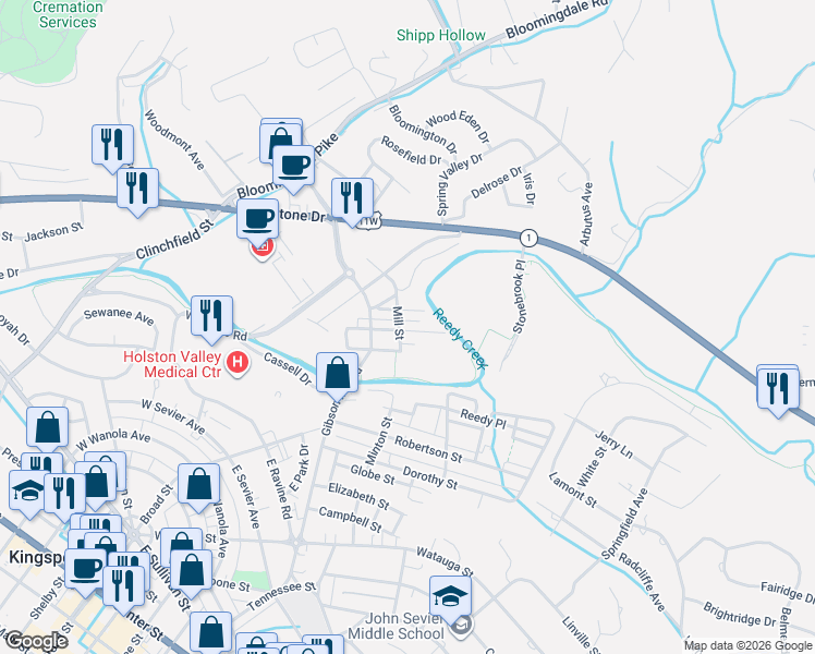 map of restaurants, bars, coffee shops, grocery stores, and more near 114 E Gibson St in Kingsport