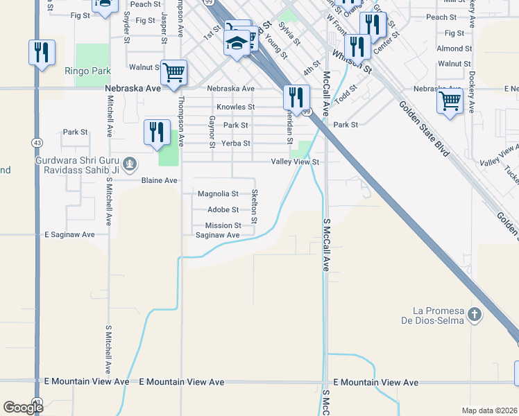 map of restaurants, bars, coffee shops, grocery stores, and more near 1614 Skelton Street in Selma