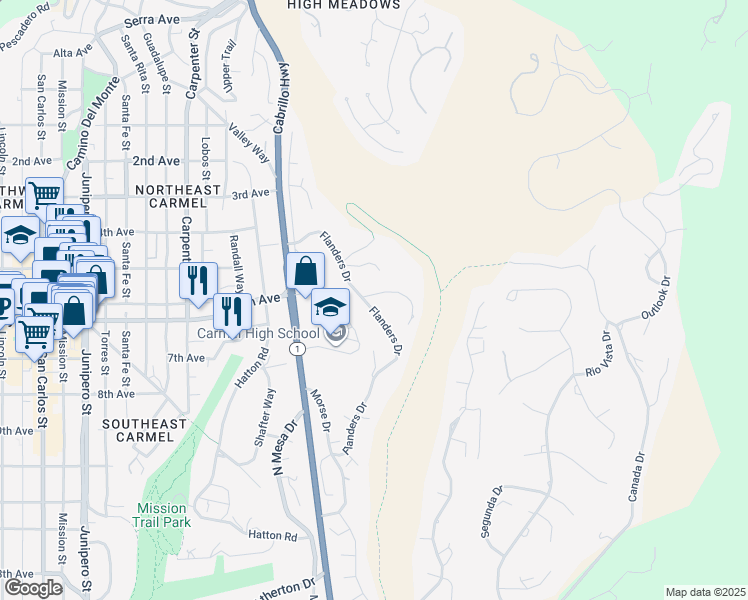 map of restaurants, bars, coffee shops, grocery stores, and more near 25315 Flanders Drive in Carmel