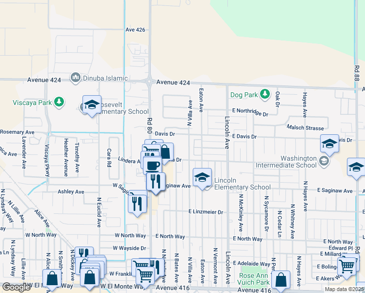 map of restaurants, bars, coffee shops, grocery stores, and more near Davis Drive in Dinuba