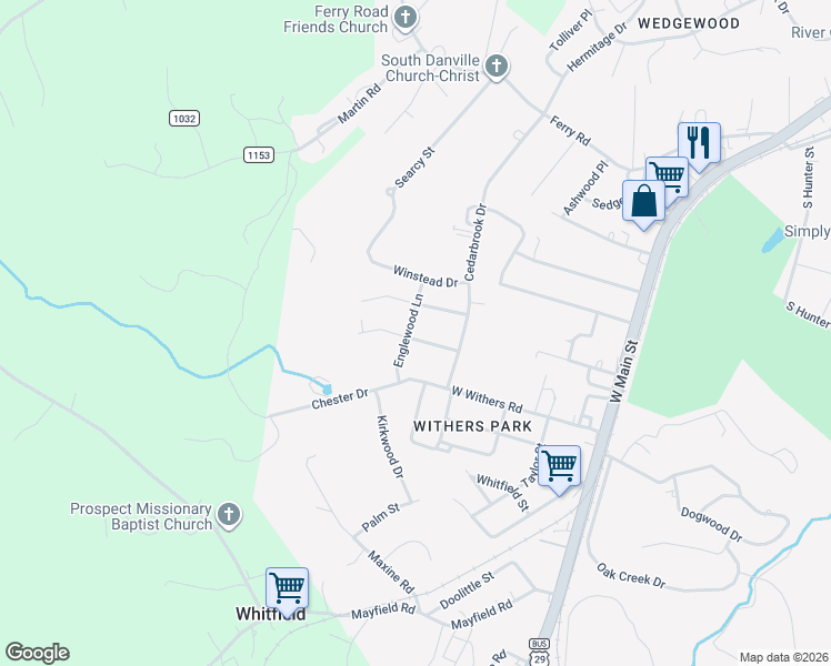 map of restaurants, bars, coffee shops, grocery stores, and more near 218-224 Englewood Lane in Danville