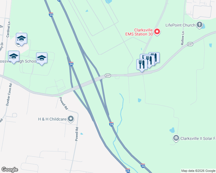 map of restaurants, bars, coffee shops, grocery stores, and more near 1414 Rossview Road in Clarksville
