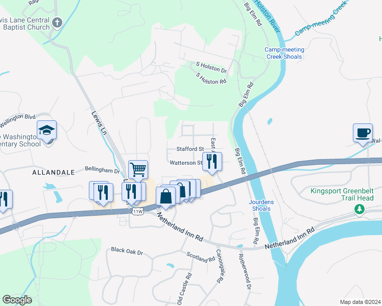 map of restaurants, bars, coffee shops, grocery stores, and more near 504 Gray Avenue in Kingsport