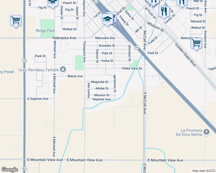 map of restaurants, bars, coffee shops, grocery stores, and more near 2226 Adobe Street in Selma