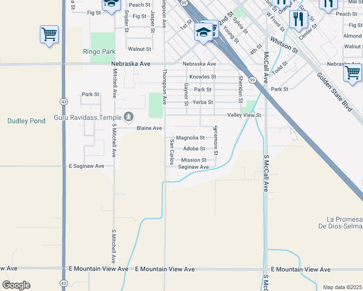 map of restaurants, bars, coffee shops, grocery stores, and more near 2414 Adobe Street in Selma