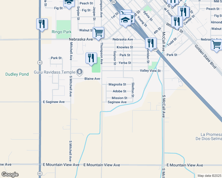 map of restaurants, bars, coffee shops, grocery stores, and more near 2420 Adobe Street in Selma