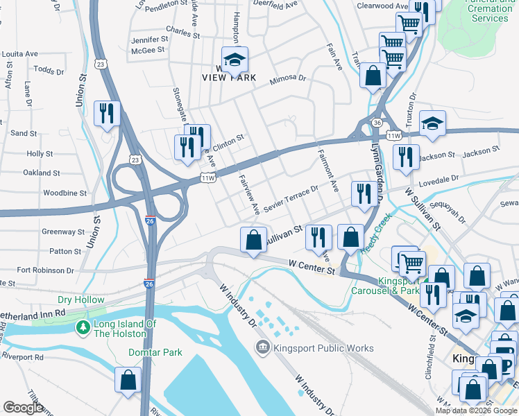 map of restaurants, bars, coffee shops, grocery stores, and more near 622 Walnut Avenue in Kingsport