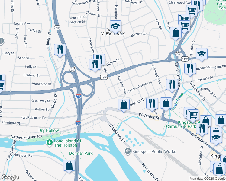 map of restaurants, bars, coffee shops, grocery stores, and more near 1501-1599 Putnam Street in Kingsport