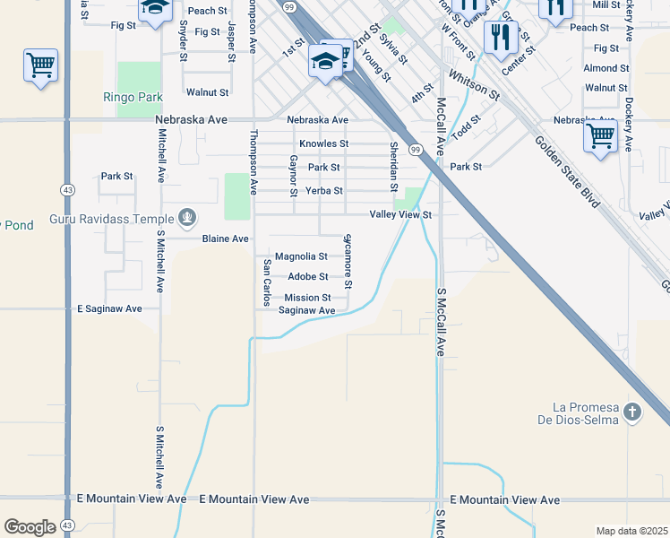 map of restaurants, bars, coffee shops, grocery stores, and more near 2214 Adobe Street in Selma