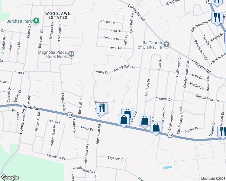 map of restaurants, bars, coffee shops, grocery stores, and more near 25 Walker Circle in Clarksville