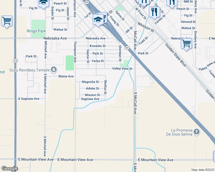 map of restaurants, bars, coffee shops, grocery stores, and more near 1620 Skelton Street in Selma