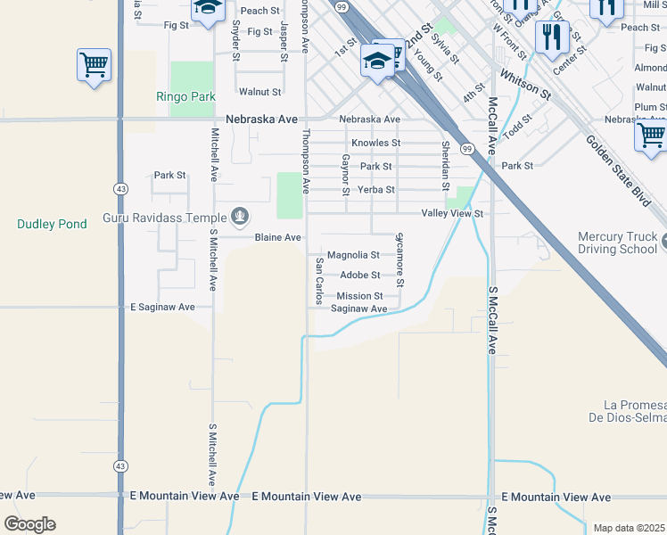 map of restaurants, bars, coffee shops, grocery stores, and more near 2420 Adobe Street in Selma