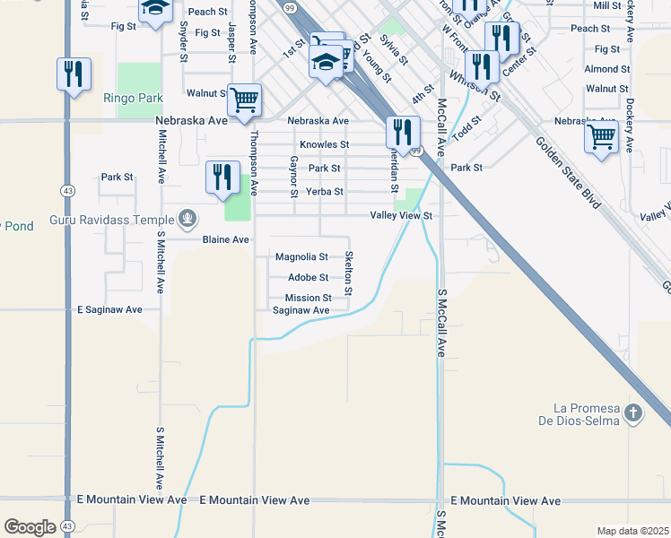 map of restaurants, bars, coffee shops, grocery stores, and more near 2214 Adobe Street in Selma