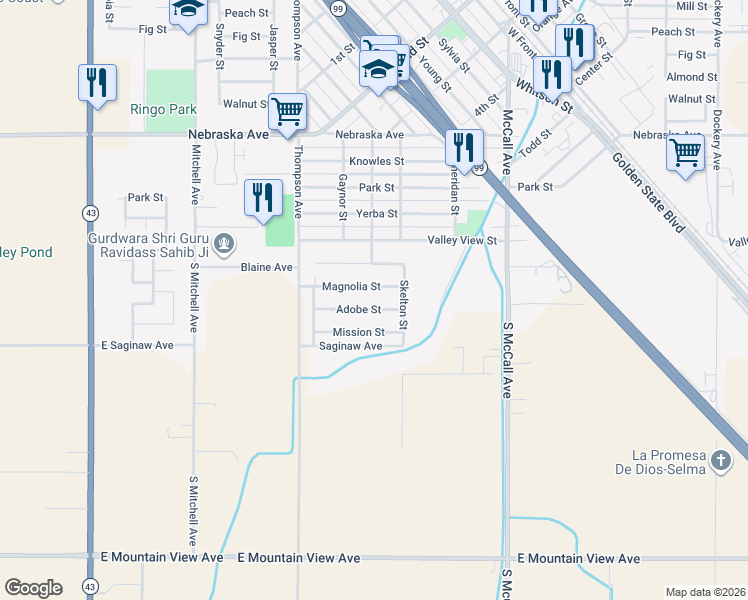 map of restaurants, bars, coffee shops, grocery stores, and more near 2232 Adobe Street in Selma