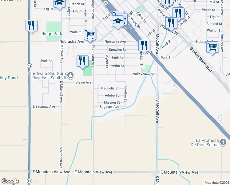 map of restaurants, bars, coffee shops, grocery stores, and more near 2304 Adobe Street in Selma