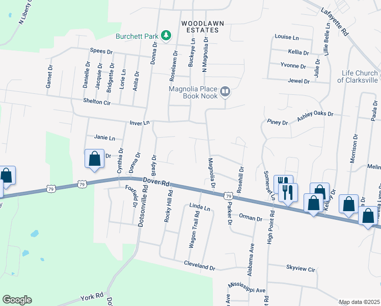 map of restaurants, bars, coffee shops, grocery stores, and more near 102 Lilac Court in Clarksville