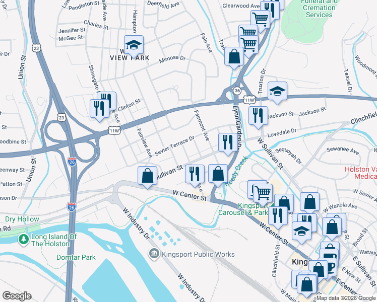 map of restaurants, bars, coffee shops, grocery stores, and more near 526 Bellvue Avenue in Kingsport
