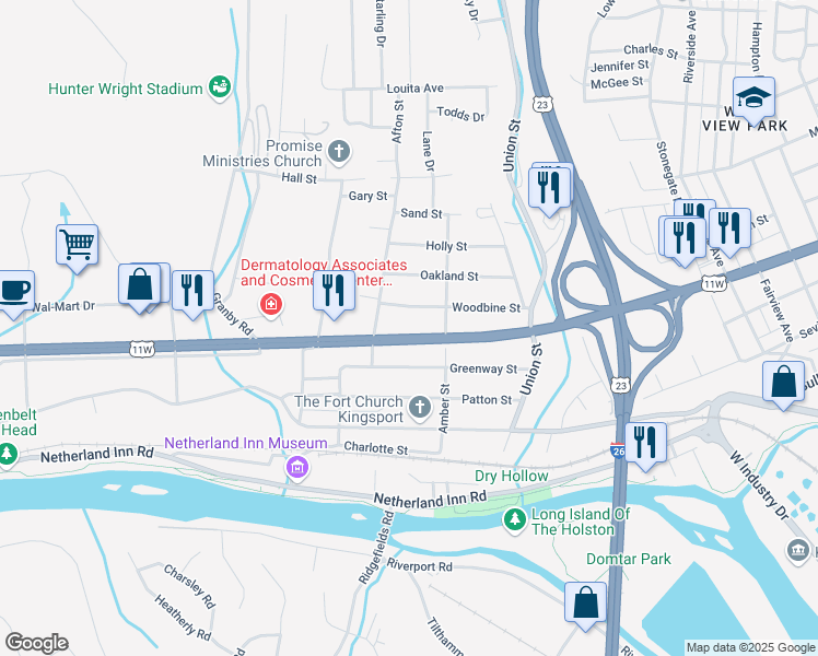 map of restaurants, bars, coffee shops, grocery stores, and more near 2025 Woodbine Street in Kingsport