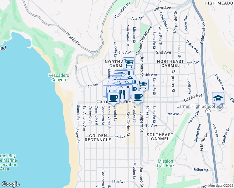 map of restaurants, bars, coffee shops, grocery stores, and more near 80 Lincoln Street in Carmel-by-the-Sea