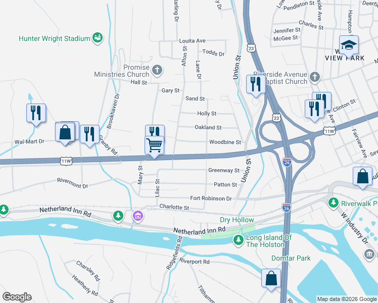 map of restaurants, bars, coffee shops, grocery stores, and more near 2025 Woodbine Street in Kingsport