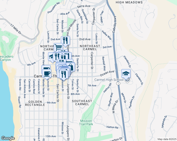 map of restaurants, bars, coffee shops, grocery stores, and more near 3 Guadalupe Street in Carmel-by-the-Sea