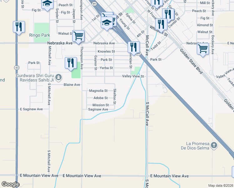 map of restaurants, bars, coffee shops, grocery stores, and more near 1626 Skelton Street in Selma