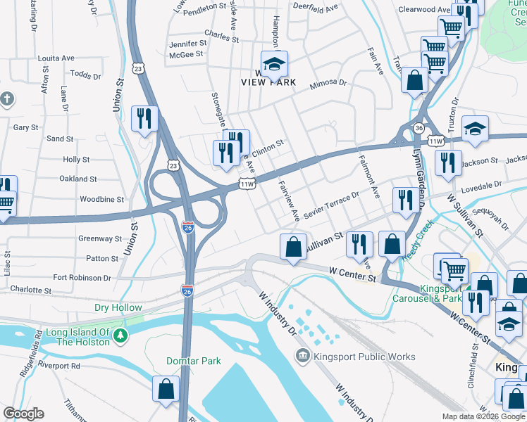 map of restaurants, bars, coffee shops, grocery stores, and more near 713 Plantation Road in Kingsport