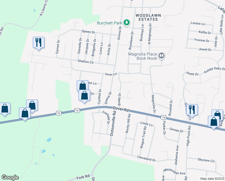map of restaurants, bars, coffee shops, grocery stores, and more near 573 Donna Drive in Clarksville