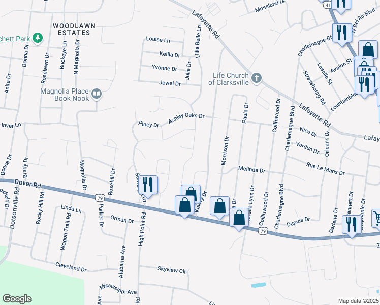 map of restaurants, bars, coffee shops, grocery stores, and more near 508 Woodtrace Drive in Clarksville