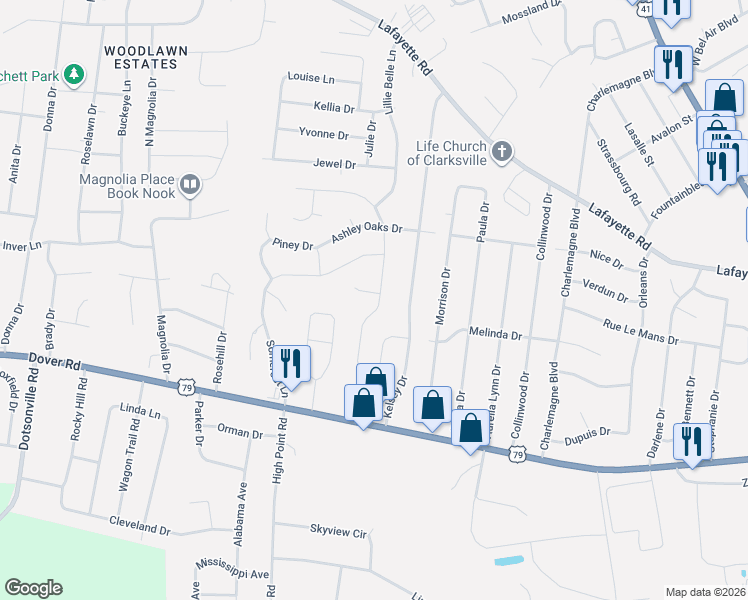 map of restaurants, bars, coffee shops, grocery stores, and more near 105 Woodtrace Court in Clarksville
