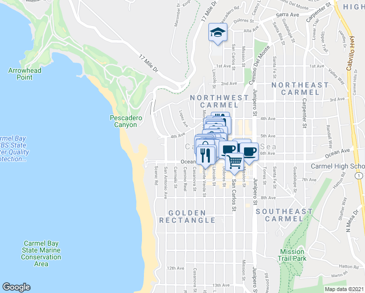 map of restaurants, bars, coffee shops, grocery stores, and more near 5 Camino Real in Carmel