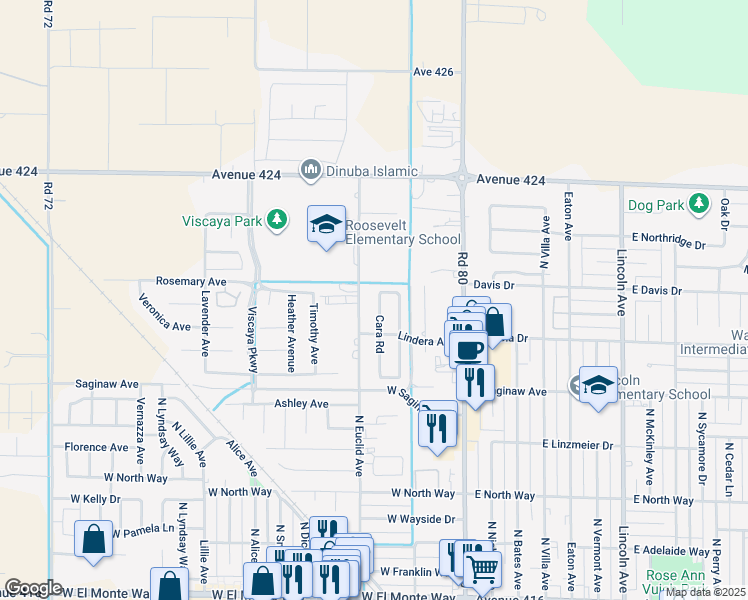 map of restaurants, bars, coffee shops, grocery stores, and more near 1225 Cara Road in Dinuba