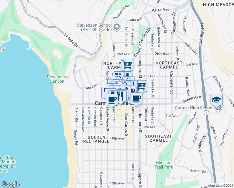 map of restaurants, bars, coffee shops, grocery stores, and more near in Carmel-by-the-Sea