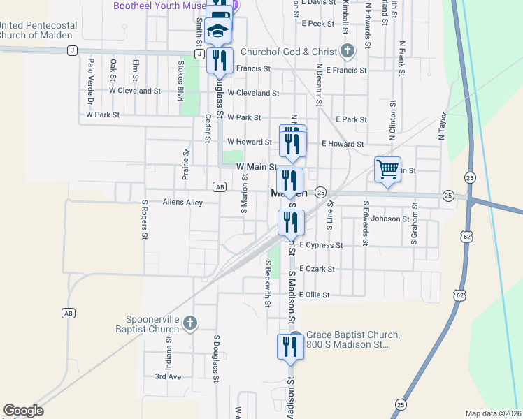 map of restaurants, bars, coffee shops, grocery stores, and more near 203 South Beckwith Street in Malden