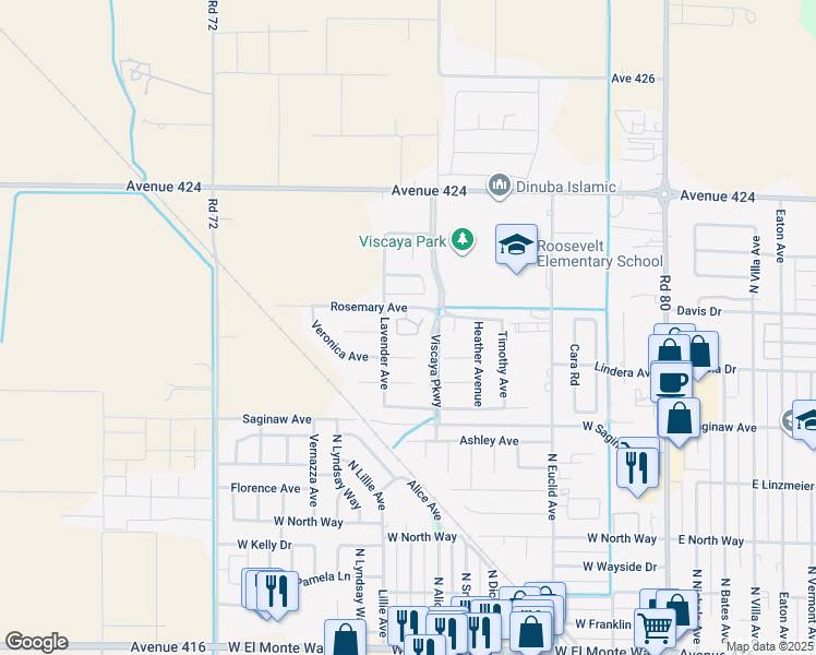 map of restaurants, bars, coffee shops, grocery stores, and more near 1076 Rosemary Avenue in Dinuba