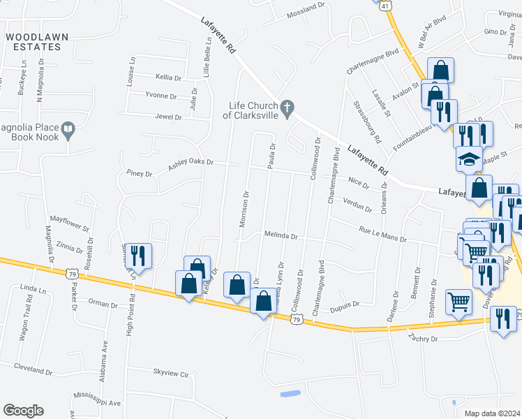 map of restaurants, bars, coffee shops, grocery stores, and more near 530 Paula Drive in Clarksville