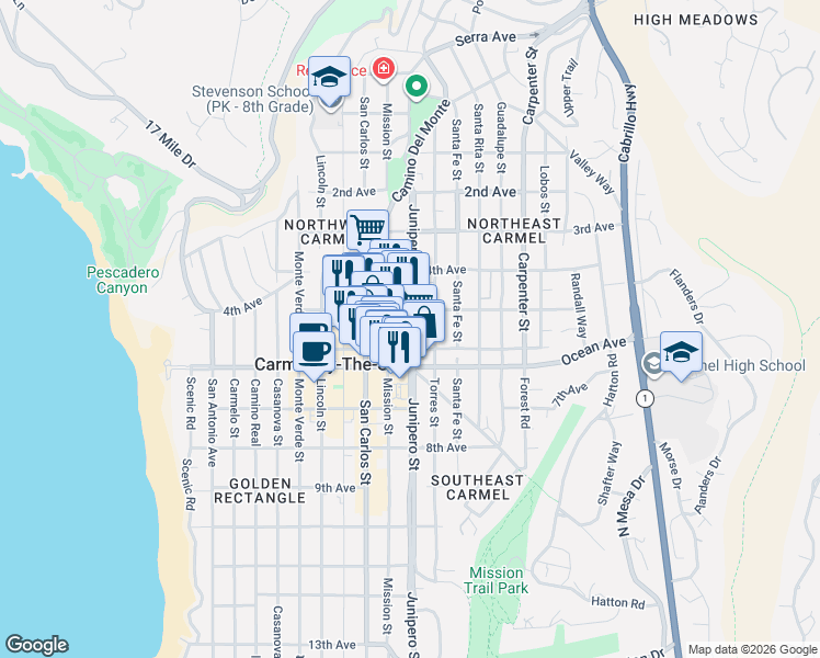 map of restaurants, bars, coffee shops, grocery stores, and more near in Carmel-by-the-Sea