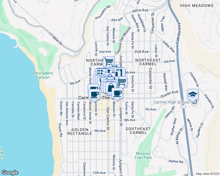 map of restaurants, bars, coffee shops, grocery stores, and more near 6 San Carlos Street in Carmel-by-the-Sea