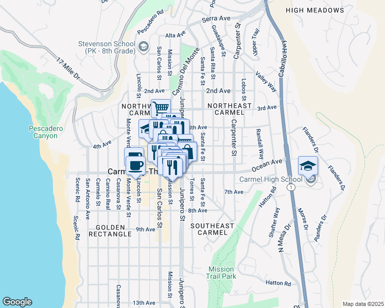 map of restaurants, bars, coffee shops, grocery stores, and more near 2 Torres Street in Carmel-by-the-Sea