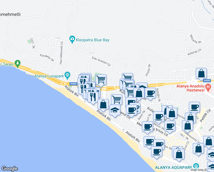 map of restaurants, bars, coffee shops, grocery stores, and more near 19 Mersin - Antalya Yolu in Alanya