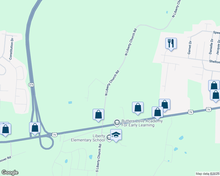 map of restaurants, bars, coffee shops, grocery stores, and more near 1025 North Liberty Church Road in Clarksville