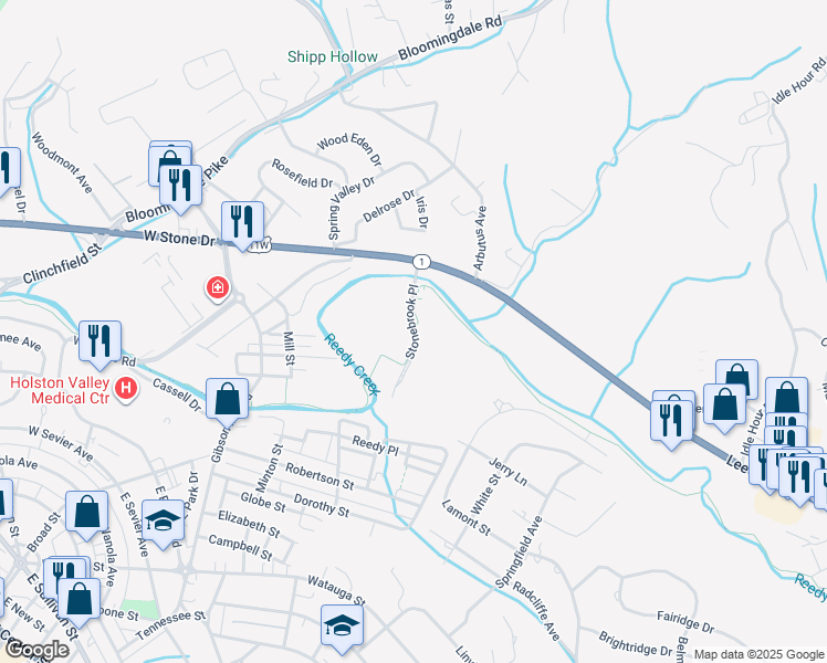 map of restaurants, bars, coffee shops, grocery stores, and more near Stonebrook Place in Kingsport